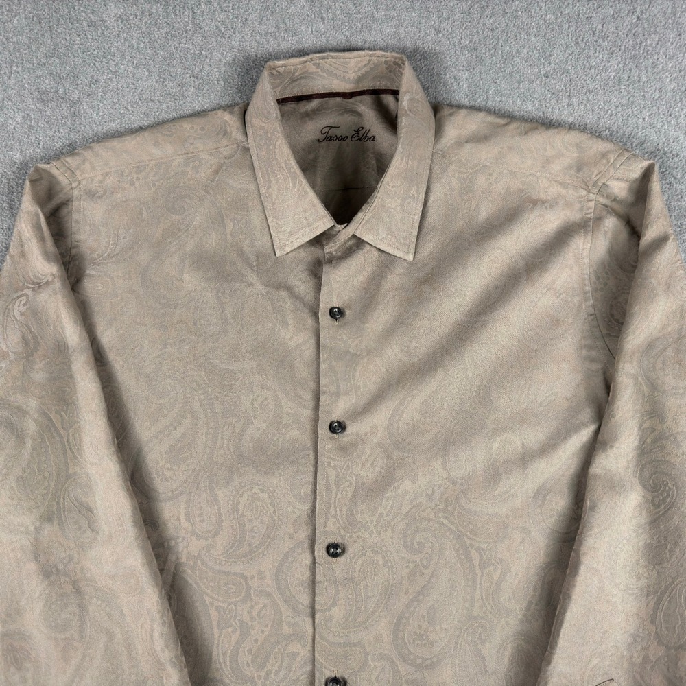 Tasso Elba Shirt Mens XXL 18-18.5 Tan Paisley Button Up Long Sleeve Cotton Blend